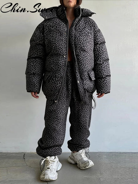 Winter Leopard Print Thicken Coat Pants Women Set Long Sleeve Zippers Hooded Jacket Wide Leg Trousers Lady Outfit