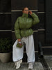 Women High Stand Collar Solid Puffer Jacket Elastic Cinched Waist Peplum Hem Zip Back Thick Padded Coat Warm Winter Street Coats