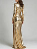 Shiny Bodycon Evening Dress Women Deep V‑Neck Long Sleeve Ruched Wrap High Slit Maxi Dress for Wedding Party Prom Gown
