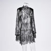 Sexy Black Embroidery Mini Dress Women Elegant Sheer High Waist Pencil Dresses Vintage Loose Flare Sleeve Short Dress