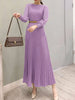 Elegant Women Pleated Dress Classy Smocked Cuffs Long Sleeve O Neck Fit and Flare Long Vestidos Commute Solid Party Robes