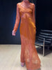Women Lace Overlay Satin Maxi Skirt Long Sleeve Slim Fit Sheer Mermaid Hem Party Dress Formal Evening Date Activity Gown