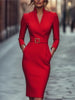 Elegant Party Prom Dress For Woman Spring Autumn V-neck High Waist Long Sleeves Mid-length Dresses Ladies Solid Vestidos