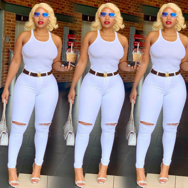 Spring Women's White High Waist Ripped Jeans Slim Stretch Denim Pencil Pants Casual Female Clothing S-3XL
