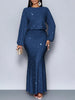 Shiny Women's Dress Spring Autumn O-neck Long Sleeve Slim Hips Banquet Long Dress Female Pleated Party Fishtail Dresses