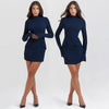 Dark Blue Two Pocket Sexy Mini Dress For Women Autumn Winter Long Sleeve Bodycon Club Party Dress Elegant