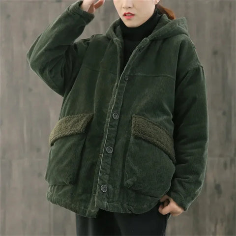 Corduroy Cotton Jacket for Women With Hats Autumn/Winter Loose and Thickened Cotton Jacket With Women's Cotton Jacket W