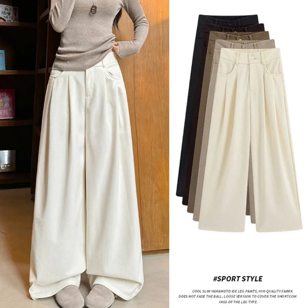 Korean White Corduroy Wide Leg Pants Women Autumn Loose Long Pants with Pockets Woman Daily Wear High Waist Casual Trousers