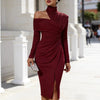 Sexy Turtleneck Off Shoulder Hollow Party Dresses Woman Spring Slid Ruched Slit Midi Dress Elegant Long Sleeve Office Lady Dress