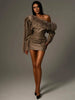 Sexy Furry PU Patchwork Dress Women Zip Diagonal Collar Tierred Ruched Irregular Full Sleeve Winter Streetwear