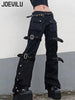 Metal Button High Waisted Straight Leg Jeans Drop Crotch Trousers Streetwear Hip Hop Y2K Cargo Denim Pants for Women