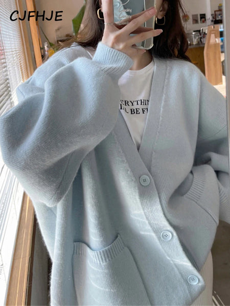 Beige Pockets Knitted Sweater Coats Women Loose Single-breasted V-neck Purple Cardigan Female Autumn Casual Red Cardigans