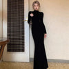 Spring Women Sexy Slim Fit Thin Dress Lady Comfortable High Neck Long Sleeve Dress Female Chic Evening Wine Red Maxi Dress