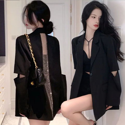 Autumn Women's Blazer Back Hollow out Chain One Button Black Long Sleeve Suit Jackets Female Casual Blazers