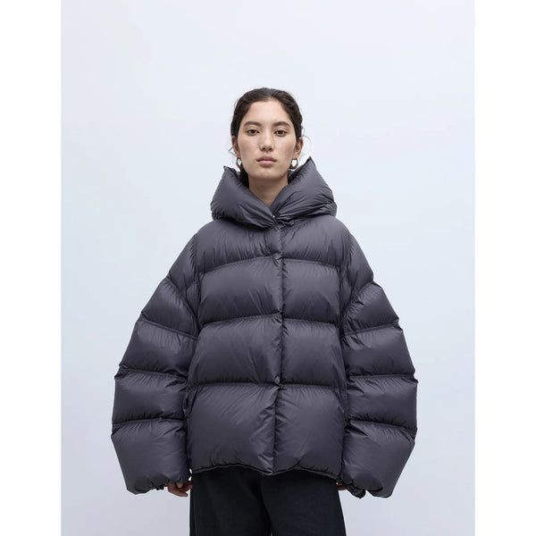 Stylish Silhouette 90% White Goose down Hooded down Jacket for Women, Curved Sleeve Puffer Coat, Thickened Outerwear, Winter Model