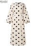 Elegant Women Dots Print Dress Summer Slim 3/4 Sleeve Vestidos V-Neck Party Midi Robe Office Pocket Dresses