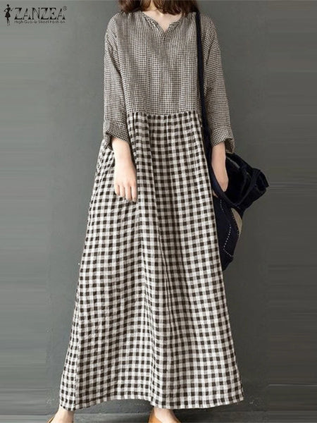 Long Sleeve Gingham Patchwork Maxi Dress V Neck Vintage Holiday Spring Vestidos Women Check Loose Casual Long Dress
