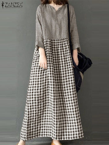 Long Sleeve Gingham Patchwork Maxi Dress V Neck Vintage Holiday Spring Vestidos Women Check Loose Casual Long Dress