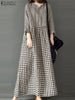 Long Sleeve Gingham Patchwork Maxi Dress V Neck Vintage Holiday Spring Vestidos Women Check Loose Casual Long Dress