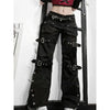 Metal Button High Waisted Straight Leg Jeans Drop Crotch Trousers Streetwear Hip Hop Y2K Cargo Denim Pants for Women