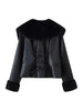 Black Fur Collar Leather Jacket Women Chic Solid Full Sleeves Waist Cinching V-neck Short Coat Lady High Street Outerwear