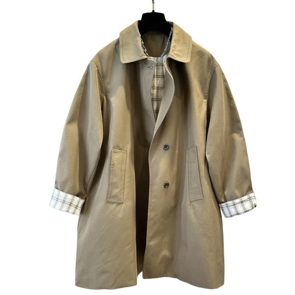 Korean Contrasting Color Plaid Lapel Medium and Long Trench Women's Coat Loose Coat
