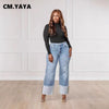 Women Streetwear Straight Washed Denim Patchwork Wide Leg Jeans Pants Spring Ripped Out Party Trousers