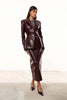 IG Women Burgundy Croc Faux Leather 2 Piece Suit Set Notched Lapel Slim Blazer Jacket High Waist Midi Pencil Skirt Elegant