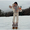 Printed Hooded Puffer Coat Suspender Ski Pants Zip‑Up Slim Fit Winter Women Snow Outfit Warm Lady Two‑Piece Ski Set