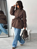 Elegant Women's Padded Jacket With Belt Winter Lace Up Waist Cinching V Neck Warm Coats Lady Casual Street Outerwear