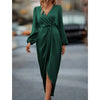 Women's Satin Evening Party Maxi Dress Draped Silk V-Neck Long Sleeve Office Lady Midi Dresses Vestidos Sexy Chic Robes Longue