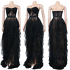 Women Mesh See Though Lace Patchwork Cascading Ruffles High Side Split Bodycon Maxi Dress Sexy Night Party Long Dresses