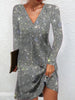 Women's Silver Sequins Evening Dress Long Sleeve Solid V Neck Sparkly Party Mini Dress Elegant Autumn Prom Dresses
