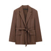 Spring Office Lady Elegant Brown Women Suit Casual Sashes Oversized Shrug Blazer Chic Zipper Long Pant