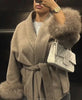 Elegant Lace Up Woolen Short Coat Solid Lapel Fur Cuffs Belt Long Sleeve Jacket Female Autumn Winter Lady Chic Cardigan