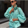 Shiny Stand Collar Short Jacket Women Puff Sleeve Drawstring Waist Cinching Pleated Jackets Autumn Causal Lady Outerwear