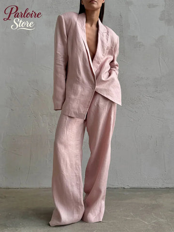 Women Pink Linen Blazer Pants Set Chic Oversized Casual 2 Piece Co Ord Long Pant Sets Work Vacation Casual Outwear