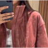 Vintage Suede Jackets Women's Loose Full Sleeves Zipper Pockets Stand Collar Coats Ladies Autumn Solid Streetwear