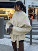 Collarless Belt Jacket Coat Lace-up Minimalism Beige Gentle Short Woolen Overcoat Waist Cinching Women Autumn Winter Overcoat