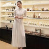 Lace Dress Women's Round Neck Hollow Out Slim Long Sleeve Retractoin Waist Big Swing Dresses 7AB8070