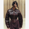 Retro Solid Lace Up Leather Short Jackets Women Chic Lapel V-neck Waist Cinching Cropped Jackets Lady Daily High Street Outwear