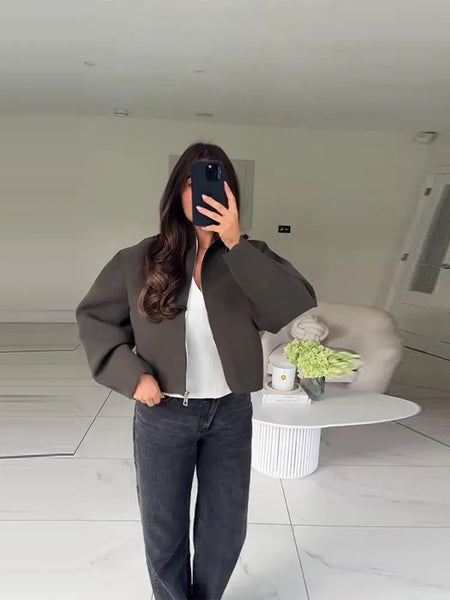 Olive Green Women's Short Coat High Neck Full Sleeve Zipper Up Oversized Cropped Jacket Autumn Female Daily Casual Outwear