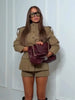 Women Khaki Cargo Two‑Piece Outfit Stand Collar Gold Button Slim Jacket High Waist Shorts Autumn Vintage Street Matching Set