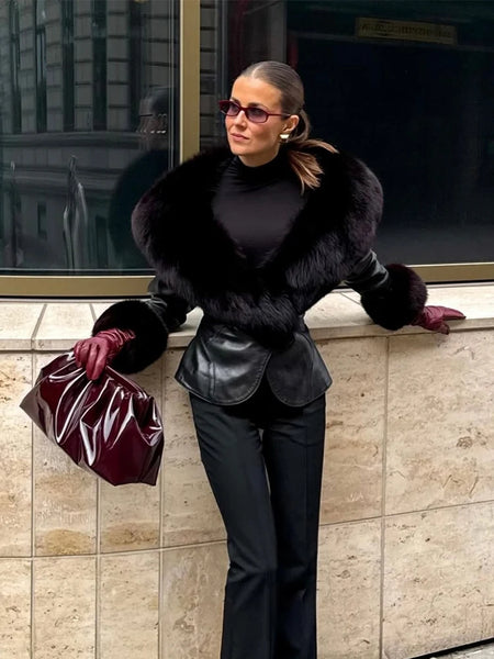 Black Faux Fur Collar Leather Jacket Elegant Lapel V-neck Waist Cinching Long-sleeved Short Coats Lady Winter Commute Coat