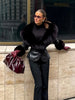 Black Faux Fur Collar Leather Jacket Elegant Lapel V-neck Waist Cinching Long-sleeved Short Coats Lady Winter Commute Coat