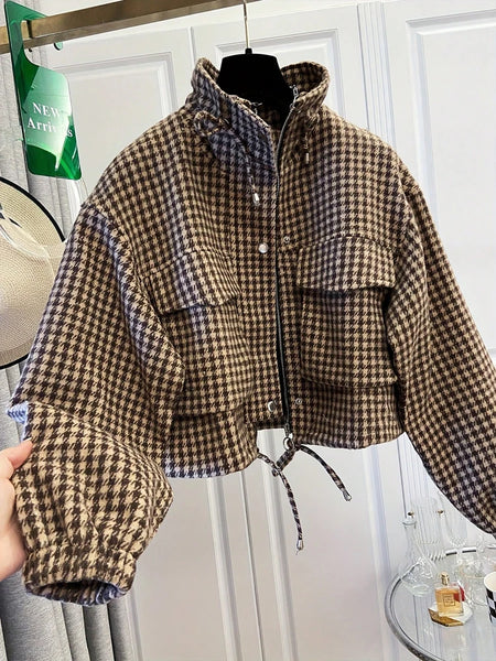 Fall/Winter: Women's Spring/Fall Casual Houndstooth Cropped Jacket— Street Style