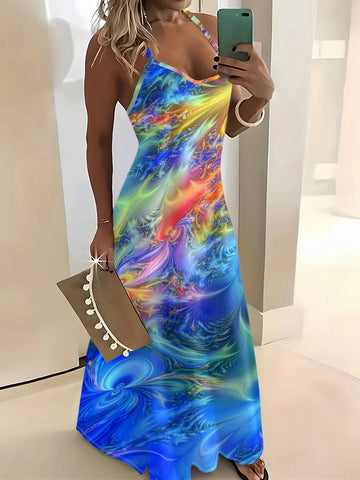 Vintage Abstract Swirl Print Long Sleeve Midi Dress for Women Casual Flowy A-Line Dress with Adjustable Straps and Elastic