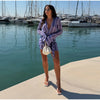 Women Chic Vacation Outfits Striped Print Sheer Chiffon Shirt Casual Turn-down Collar Mini Dress & Detachable Scarf
