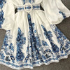 Autumn Women's V-neck Long Sleeved Bohemian Printed Dress Retro Lantern Sleeve Chinese Style Blue White Porcelain Dress
