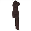 Elegant Slim Fit Pleat Irregular Long Dress Women Long Sleeve Turtleneck Patchwork Robes Chic Party Banquet Wear